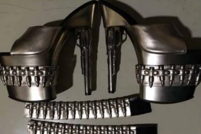 Gun-shaped heels and bullet bracelets made by the California-based company Pleaser USA, Inc., which calls itself the "leader in sexy and alternative footwear." (TSA)