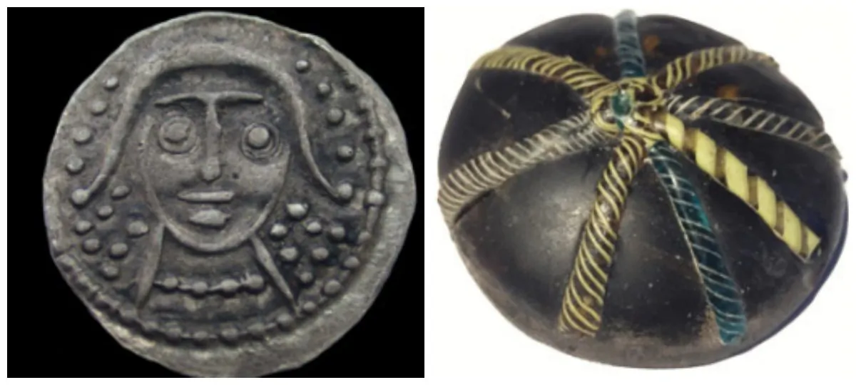 A Sceat, left, and a glass counter discovered at the site. (Portable Antiquities Scheme Photos)
