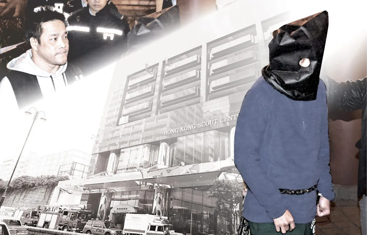 Composition photo of the reconstruction of the bomb hoax at the BP International Hotel, Kowloon. (Epoch Times)