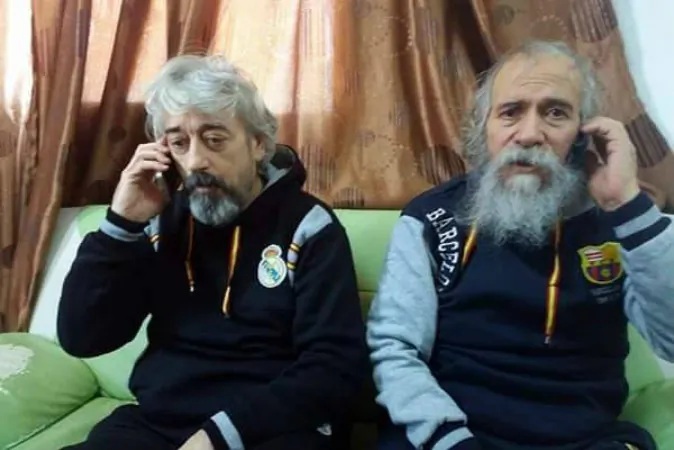 Gino Pollicardo (L) and Filippo Calcagno after their release from ISIS custody in Sabratha, Libya on Friday, March 4, 2016. (Sabratha Anti-Daesh Operation Room via AP)