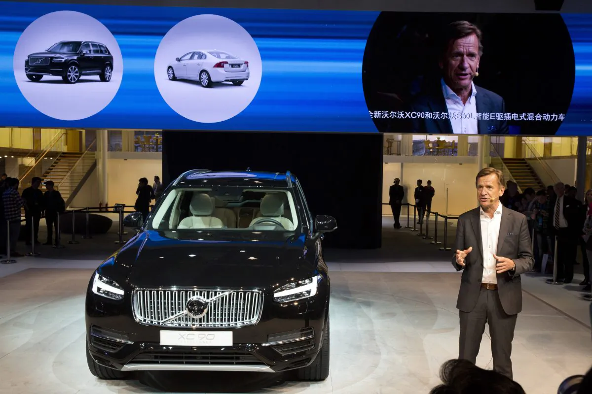 Hakan Samuelsson, CEO of Volvo Car Group, presents the XC90 SUV at the Shanghai auto show on April 20, 2015. (AP Photo/Ng Han Guan)