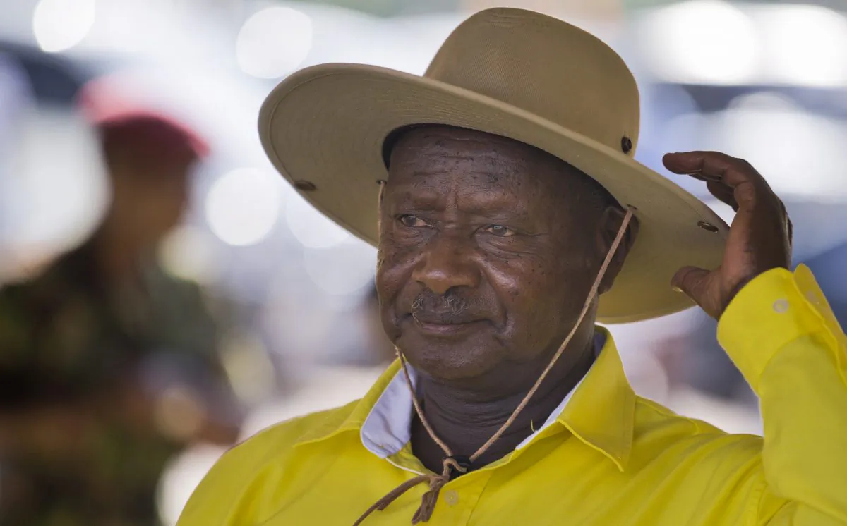 Uganda's long-time President Yoweri Museveni attends an election rally at Kololo Airstrip in Kampala, Uganda, on Feb. 16, 2016. (AP Photo/Ben Curtis)