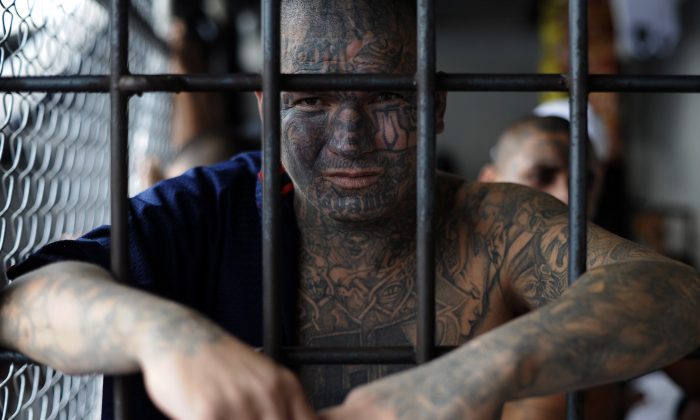 A Mara Salvatrucha (MS-13) gang member at the prison of Ciudad Barrios, 100 miles east of San Salvador, El Salvador, on June 19, 2012. (Jose Cabezas/AFP/GettyImages)