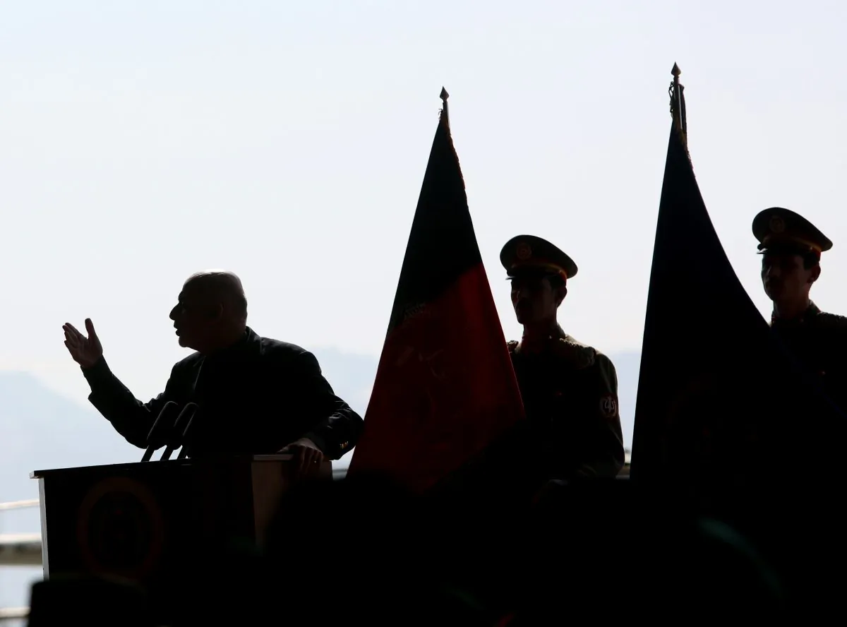 Afghan President Ashraf Ghani speaks during Afghan Air Force aerial demonstration ceremony in Kabul, Afghanistan, on Feb. 11, 2016. Afghanistan’s air force has recently taken delivery of aircraft from the U.S. and India to enhance air power in the war against the Taliban, now in its 15th year. (AP Photo/Rahmat Gul)
