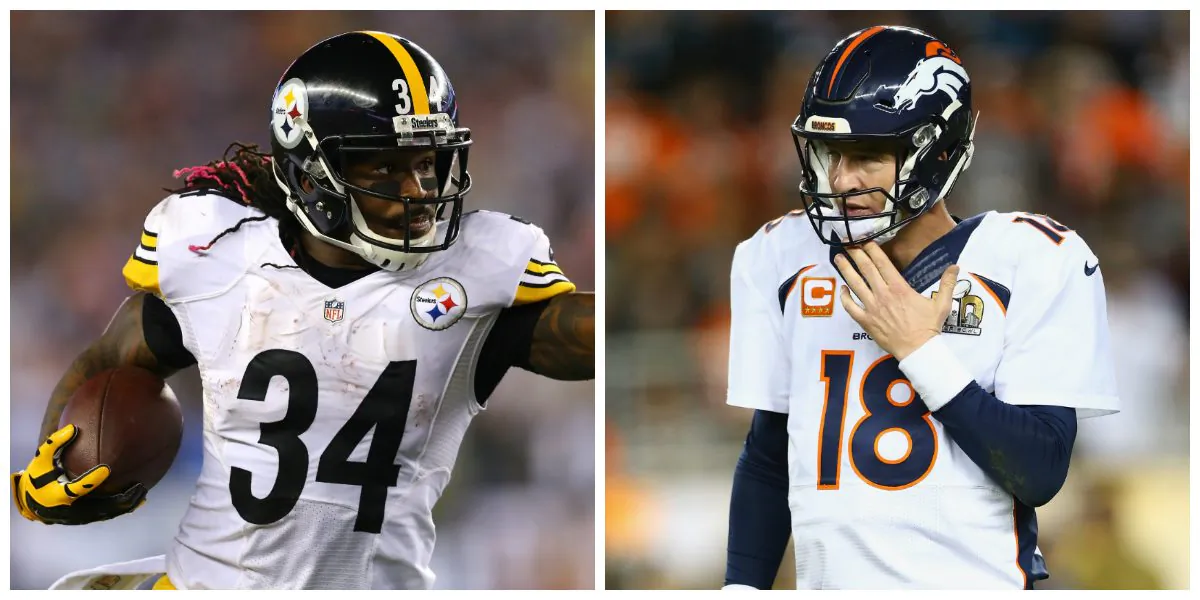 DeAngelo Williams and the Pittsburgh Steelers fell to Peyton Manning and the Denver Broncos in the AFC Divisional Round 23–16. (left photo by Maddie Meyer/Getty Images, right photo by Ronald Martinez/Getty Images)