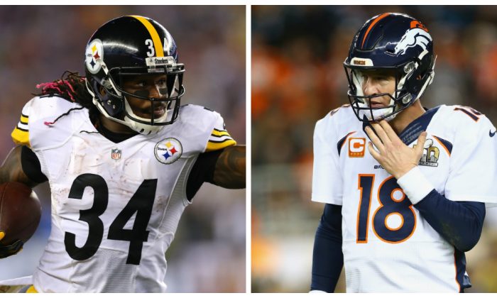 DeAngelo Williams and the Pittsburgh Steelers fell to Peyton Manning and the Denver Broncos in the AFC Divisional Round 23–16. (left photo by Maddie Meyer/Getty Images, right photo by Ronald Martinez/Getty Images)