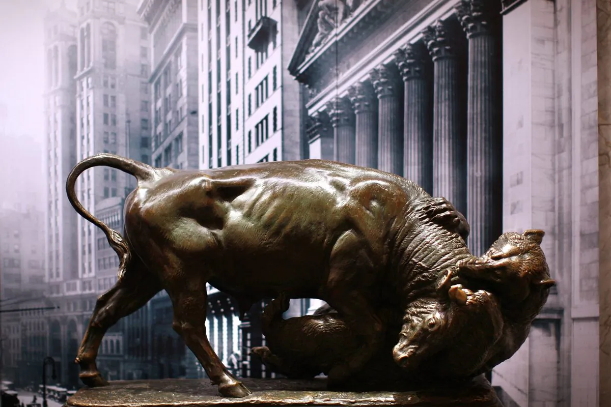 A bronze statue of a bull fighting with a bear is displayed at the Museum of American Finance on Wall Steet in New York City on Oct. 7, 2008. An affiliate of the Smithsonian Institution and located in the former headquarters of the Bank of New York, the museum serves as a financial education center. Exhibitions include a history of U.S. currency, ticker tape from the "Great Crash" of Oct. 29, 1929, and a section of the 1858 Trans-Atlantic cable. (Spencer Platt/Getty Images)