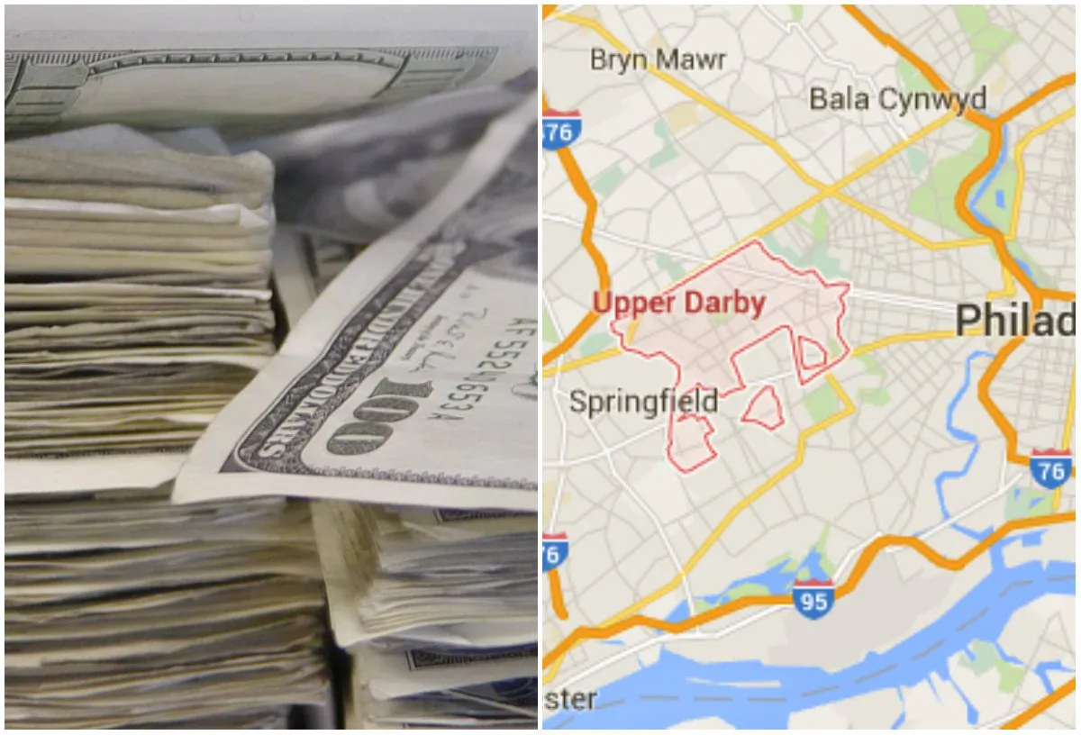 Left: Stacks of dollar bills. (Damian Gadal/CC BY 2.0)
Right: Upper Darby, Pa. (Screenshot of Google Maps)