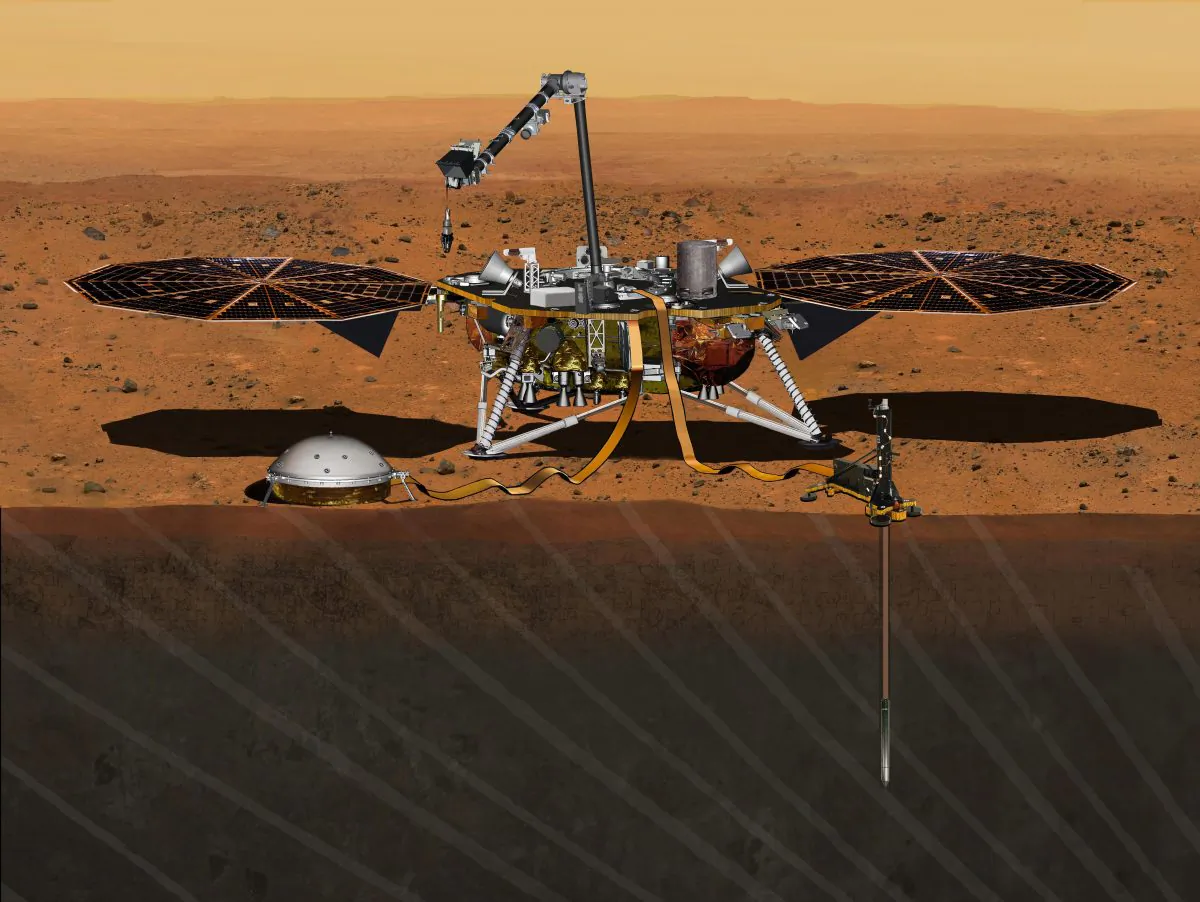 FILE - This August 2015 artist's rendering provided by NASA/JPL-Caltech depicts the InSight Mars lander studying the interior of Mars. On Wednesday, March 9, 2016, NASA said it's shooting for a 2018 launch of the InSight spacecraft. The robotic lander was supposed to lift off in March 2016, but was grounded in December by a leak in a French instrument. Project managers said the device should be redesigned in time. (NASA/JPL-Caltech via AP)