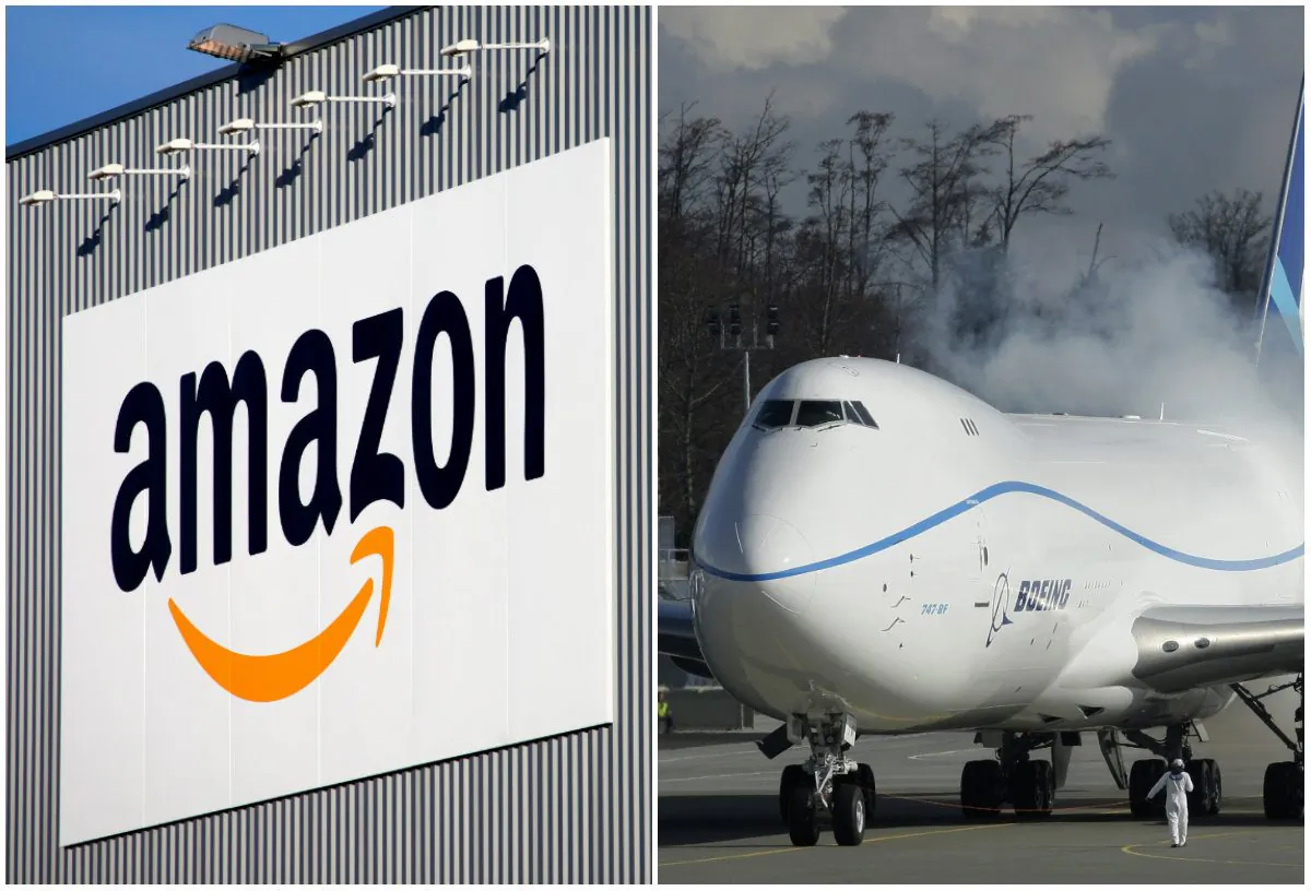 Left: The Amazon logistics center in Lauwin-Planque, northern France, on Sept. 19, 2013. (AP Photo/Michel Spingler) Right: Engines on the Boeing 747-8 Freighter are started just prior to the plane's first flight, in Everett, Wash., Feb. 8, 2010. (AP Photo/Ted. S Warren)