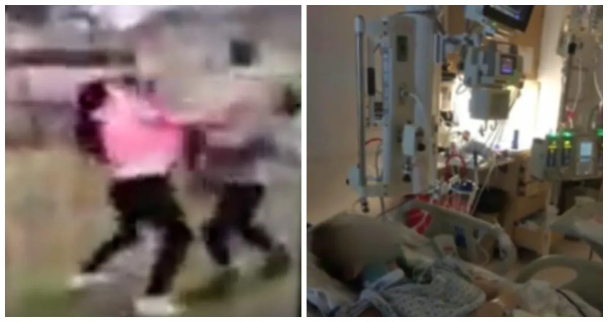 A screenshot of the fight video, left; and Maddie, the victim, in the hospital. (YouTube; Family Photo)