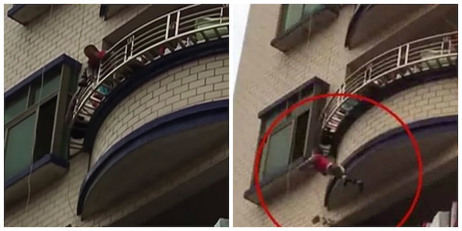 Watch a One-Year-Old Boy Fall Off Building Into Rescuer’s Blankets