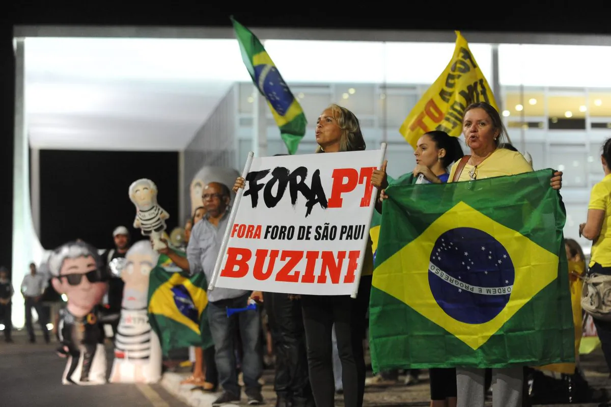 Demonstrators protest against former president Luis Inacio "Lula" da Silva and his Workers' Party (PT) in front of Planalto Palace in Brasilia on March 4, 2016. Both Lula and his successor Dilma Roussef have been marred with corruption. (Andressa Anholete/AFP/Getty Images)
