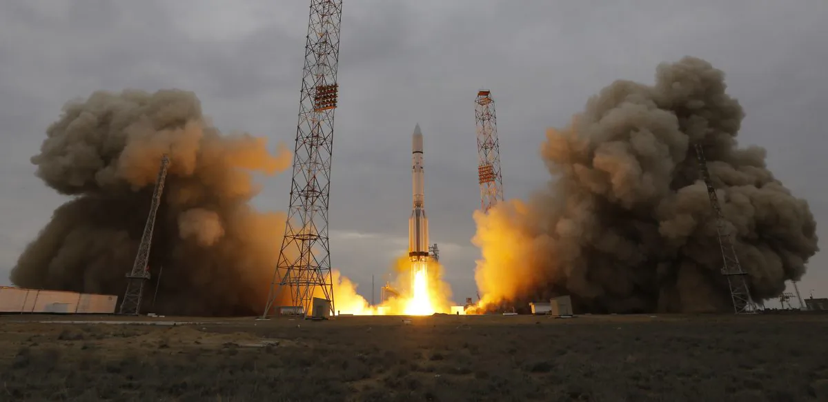 The Proton-M rocket booster blasts off at the Russian leased Baikonur cosmodrome, in Kazakhstan, on March 14, 2016. (Dmitri Lovetsky/AP)