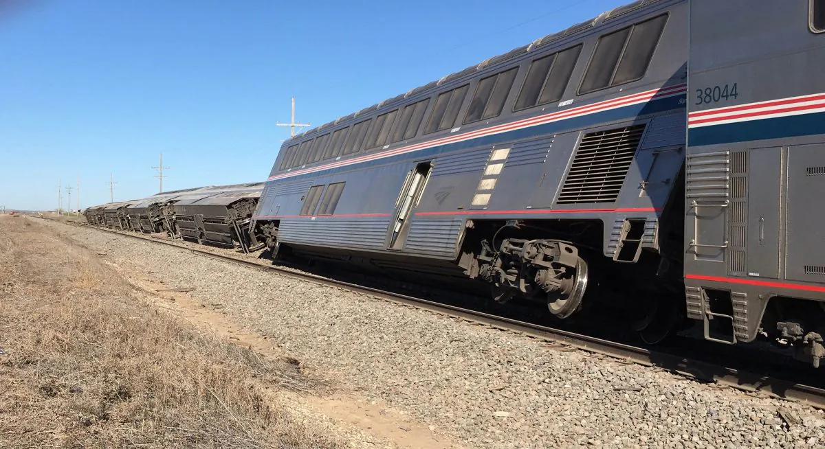 An Amtrak train derailed in southwest Kansas early Monday, March 14, 2016, injuring multiple people who were transferred to hospitals in Garden City and Dodge City, according to a release from Amtrak. The Amtrak train carrying 131 passengers derailed in rural Kansas moments after an engineer noticed a significant bend in a rail and applied the emergency brakes, an official said.   (Oliver Morrison /The Wichita Eagle via AP) LOCAL TELEVISION OUT; MAGS OUT; LOCAL RADIO OUT; LOCAL INTERNET OUT; MANDATORY CREDIT