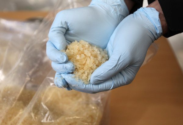 Crystal meth drug is displayed to journalists during a press conference at the German federal police headquarters in Wiesbaden, western Germany, on Nov. 13, 2014. (Daniel Roland/AFP/Getty Images)
