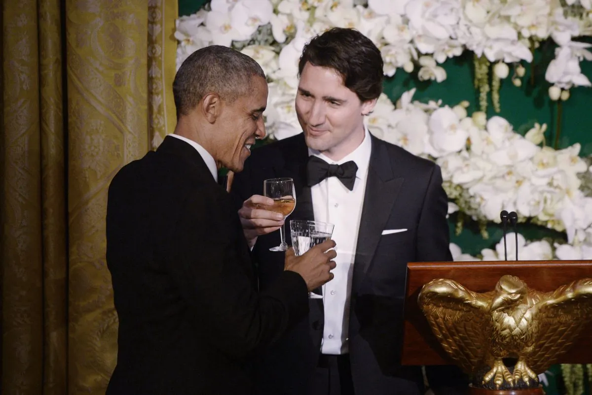 President Barack Obama and Canadian Prime Minister Justin Trudeau exchange toasts during a State Dinner at the White House in Washington, D.C., on March 10, 2016. (Olivier Douliery/Getty Images)
