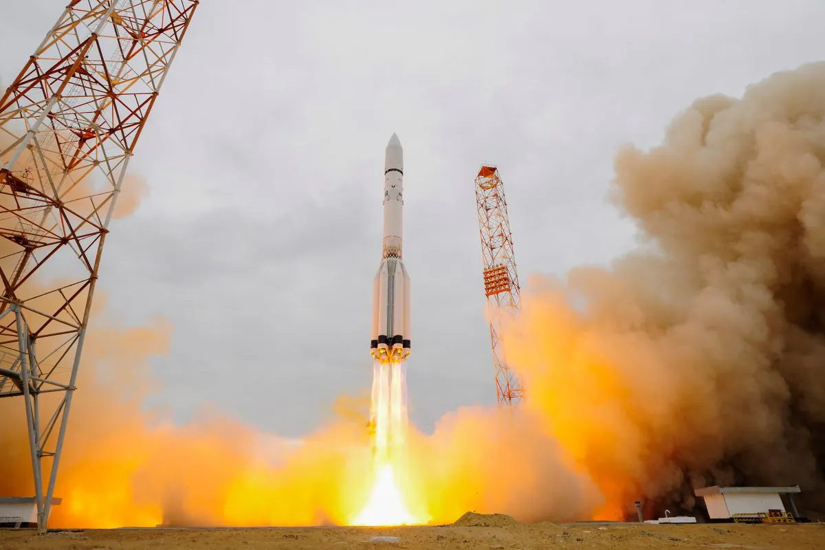 The ExoMars 2016 lifts off on a Proton-M rocket in Baikonur, Kazakhstan, on March 14, 2016. One of the scientific objectives of the collaboration between the European Space Agency and the Russian Federal Space Agency is to search for signs of past and present life on Mars. (Stephane Corvaja/ESA via Getty Images)