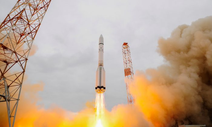 The ExoMars 2016 lifts off on a Proton-M rocket in Baikonur, Kazakhstan, on March 14, 2016. One of the scientific objectives of the collaboration between the European Space Agency and the Russian Federal Space Agency is to search for signs of past and present life on Mars. (Stephane Corvaja/ESA via Getty Images)