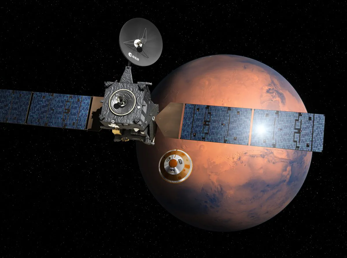 Artist’s concept of the ExoMars Trace Gas Orbiter (TGO) deploying the Schiaparelli Entry Descent and Landing demonstrator module (EDM) just before arrival at Mars in October 2016. (D. Ducros/ESA, CC BY-SA 4.0)