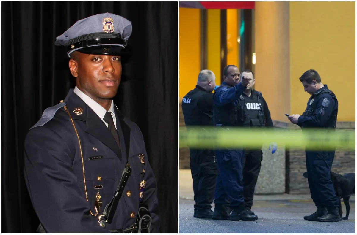 Left: Prince George's County Police Department officer Jacai Colson. (Prince George's County Police Department via AP);
Right: Police stand outside a Popeyes restaurant during an investigation into the shooting of a Prince George's County police officer outside a police station, on Sunday, March 13, 2016, in Hyattsville, Md. (AP Photo/Evan Vucci)