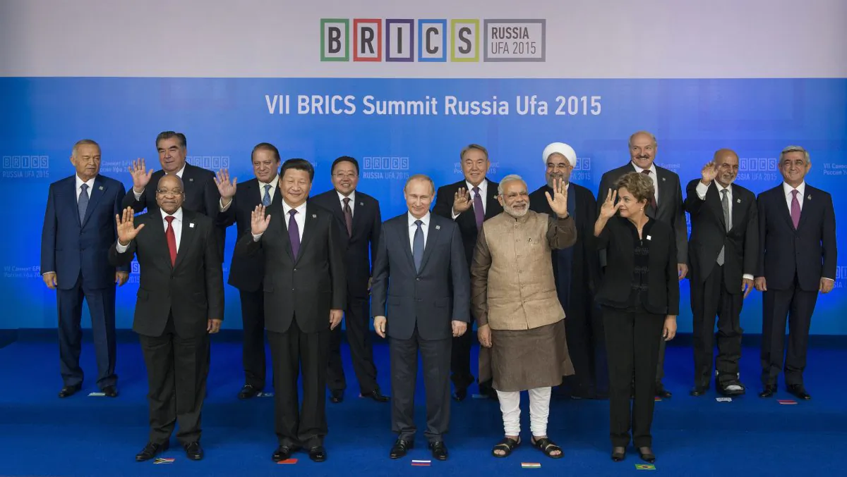 Leaders of the BRICS and the Shanghai Cooperation Organization (SCO) during the BRICS/SCO Summits in Ufa, Russia, on July 10, 2015. (Alexander Vilf/Ria Novosti via Getty Images)
