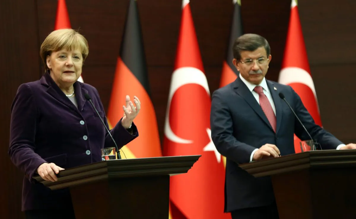 German Chancellor Angela Merkel (L) and Turkish Prime Minister Ahmet Davutoglu at a joint press conference in Ankara on Feb. 8, 2016. (Adem Altan/AFP/Getty Images)