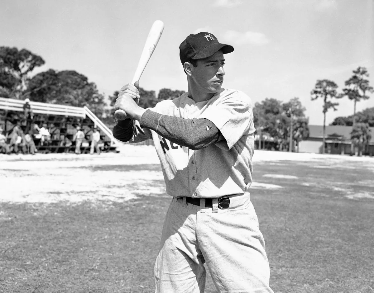 Joe DiMaggio with bat ready at first days workout on March 6, 1946 in Bradenton, Florida after returning from Panama. DiMaggio has been out since 1942 for with U.S. Army service. (AP Photo/PS)