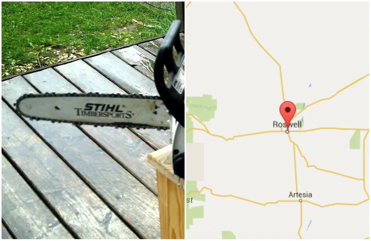 Left: Chainsaw. (Bene16/CC BY 2.5); Right: Roswell, N.M. (Screenshot of Google Maps)