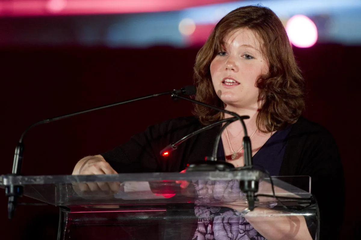 Jaycee Dugard accepts her DVF Award at The Third Annual DVF Awards held at the United Nations in New York, Friday, March 9, 2012. (AP Photo/Charles Sykes)