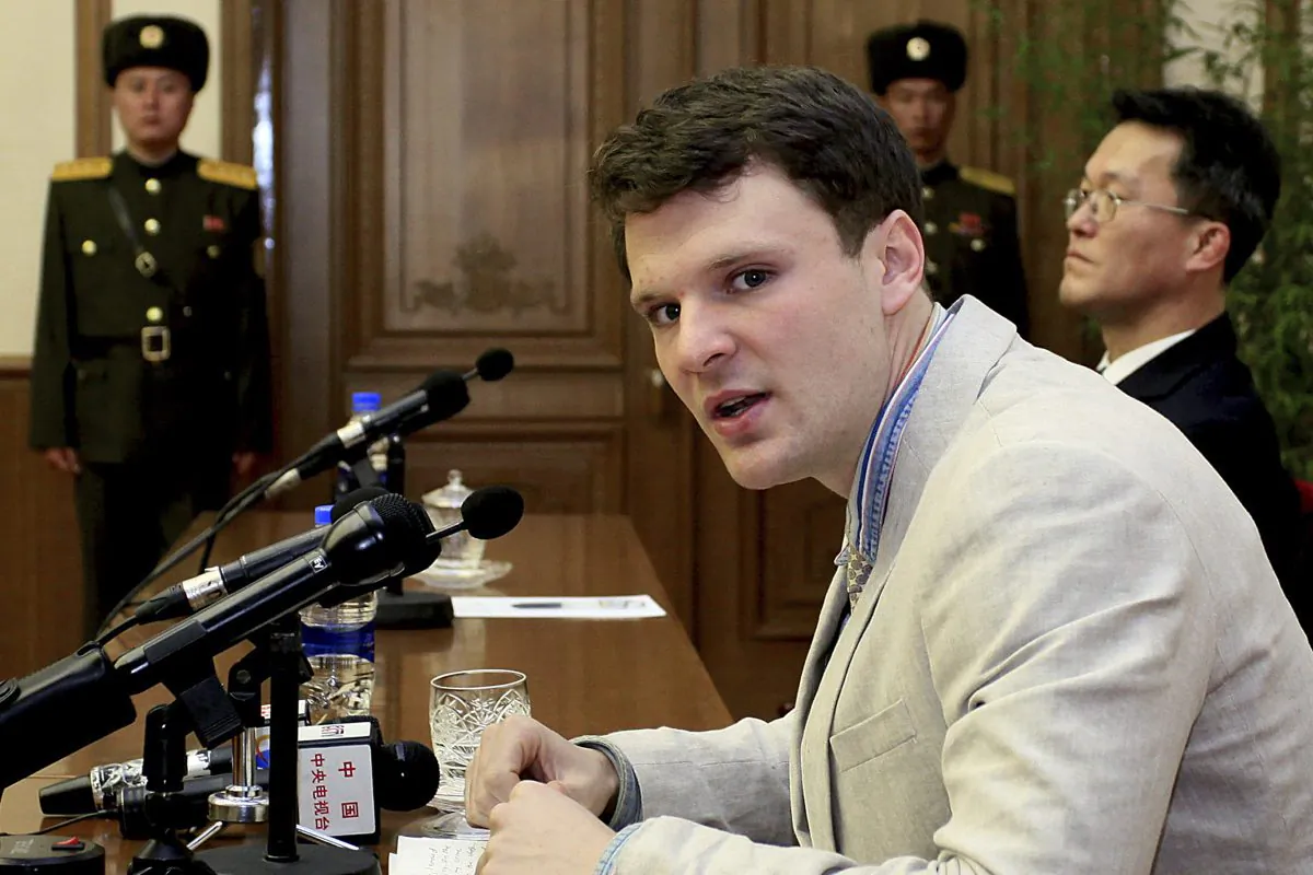 In this Feb. 29, 2016, file photo, American student Otto Warmbier speaks as he is presented to reporters in Pyongyang, North Korea. (AP Photo/Kim Kwang Hyon, File)