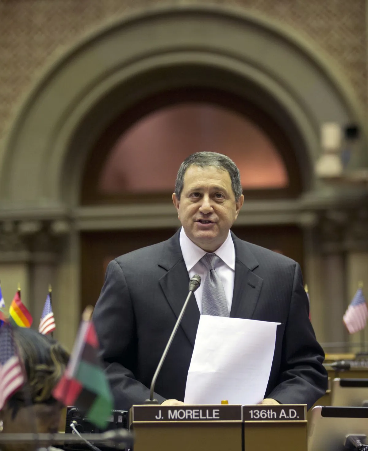 Assembly Majority Leader Joseph Morelle, D-Rochester, speaks in the Assembly Chamger at the Capitol on Tuesday, March 15, 2016, in Albany, N.Y. The Assembly plans to vote on limiting legislators' outside income to about $70,000 annually and to treat limited liability companies like other businesses that can give a candidate only $5,000 a year. (AP Photo/Mike Groll)