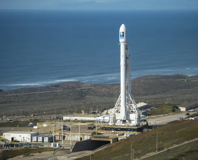 The SpaceX Falcon 9 rocket is seen at Vandenberg Air Force Base northwest of Lompoc, Calif., on Jan. 16, 2016. (Bill Ingalls/NASA via Getty Images)
