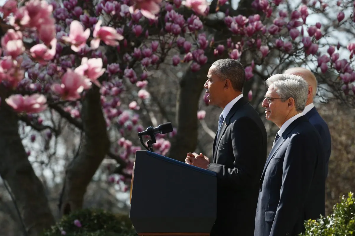 President Barack Obama with Judge Merrick B. Garland, while nominating him to the U.S. Supreme Court, in the Rose Garden at the White House in Washington, D.C., on March 16, 1016. (Mark Wilson/Getty Images)