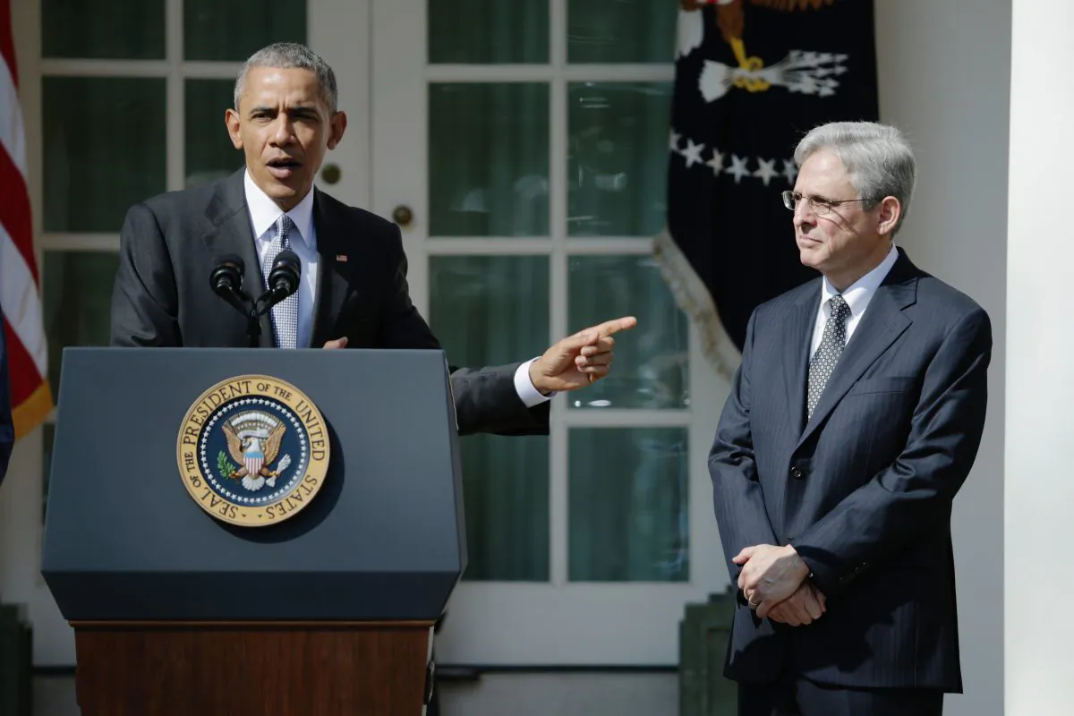 President Barack Obama (L) stands with Judge Merrick B. Garland, while nominating him to the U.S. Supreme Court, in the Rose Garden at the White House in Washington, D.C., on March 16, 2016. (Chip Somodevilla/Getty Images)