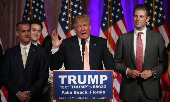 Republican presidential candidate Donald Trump speaks during a primary night press conference in Palm Beach, Florida on March 15, 2016. (Win McNamee/Getty Images)