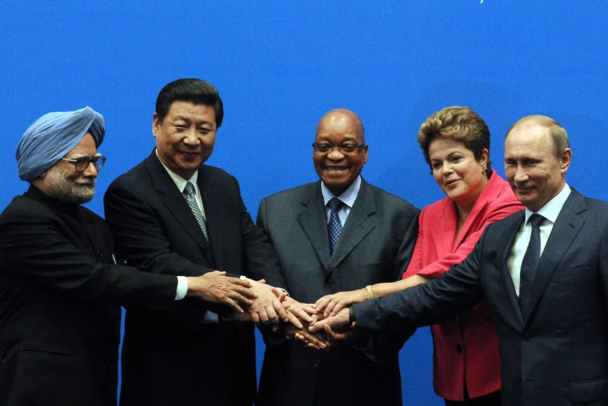 BRICS leaders (L-R) Indian Prime Minister Manmohan Singh, China's President Xi Jinping, South African President Jacob Zuma, Brazil's President Dilma Rousseff, and Russian President Vladimir Putin at summit in Durban on March 27, 2013. (Alexander Joe/AFP/Getty Images)