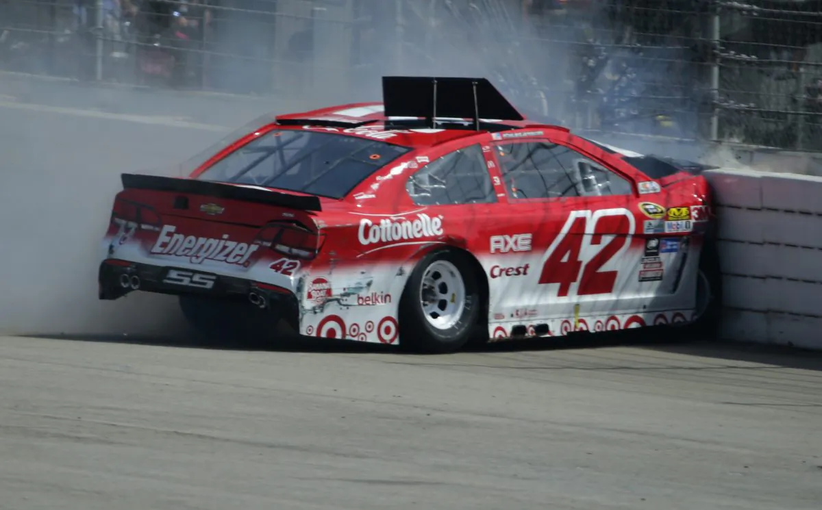 Kyle Larson was involved in an on-track incident during the NASCAR Sprint Cup Series Auto Club 400 at Auto Club Speedway on March 20, 2016 in Fontana, California. (Jeff Gross/Getty Images)