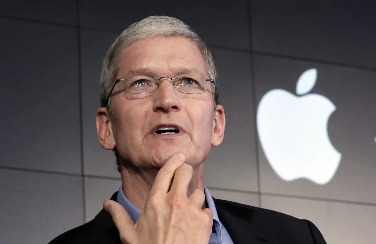 Apple CEO Tim Cook at a news conference at IBM Watson headquarters in New York on April 30, 2015. (AP Photo/Richard Drew)