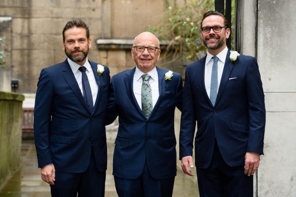 Australian born media magnate Rupert Murdoch (C) flanked by his sons Lachlan (L) and James (R) arrive at St. Bride's Church on Fleet Street in central London on March 5, 2016, to attend a ceremony of celebration a day after the official marriage of Rupert Murdoch and former U.S. model Jerry Hall. (Leon Neal/AFP/Getty Images)
