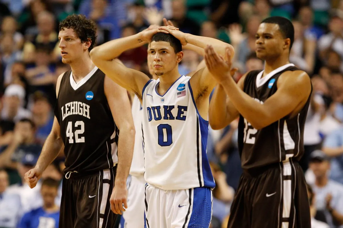 Austin Rivers (C) of the Duke Blue Devils was on the wrong end of one of the NCAA's biggest upsets when his favored team lost to Lehigh in 2012. (Streeter Lecka/Getty Images)