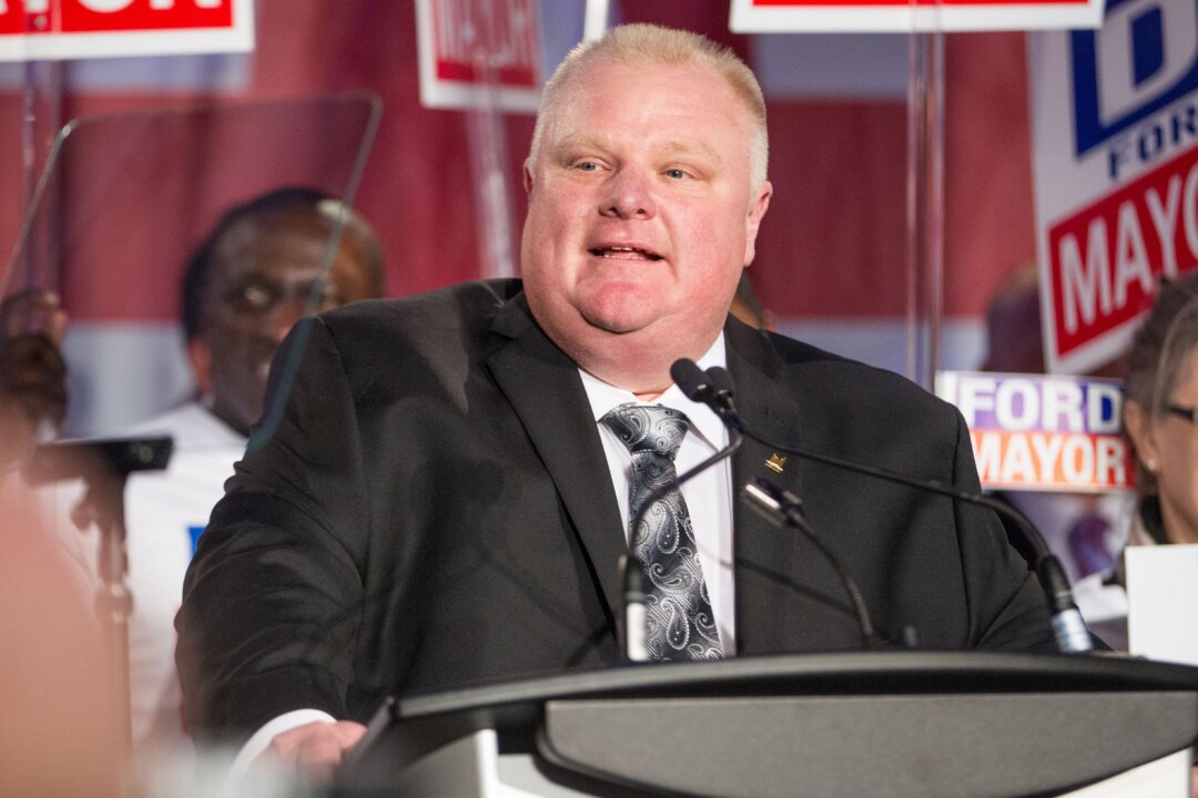 Toronto Mayor Rob Ford speaks during the kick off of his re-election campaign at a rally in the city's north end April 17, 2014. (GEOFF ROBINS/AFP/Getty Images)