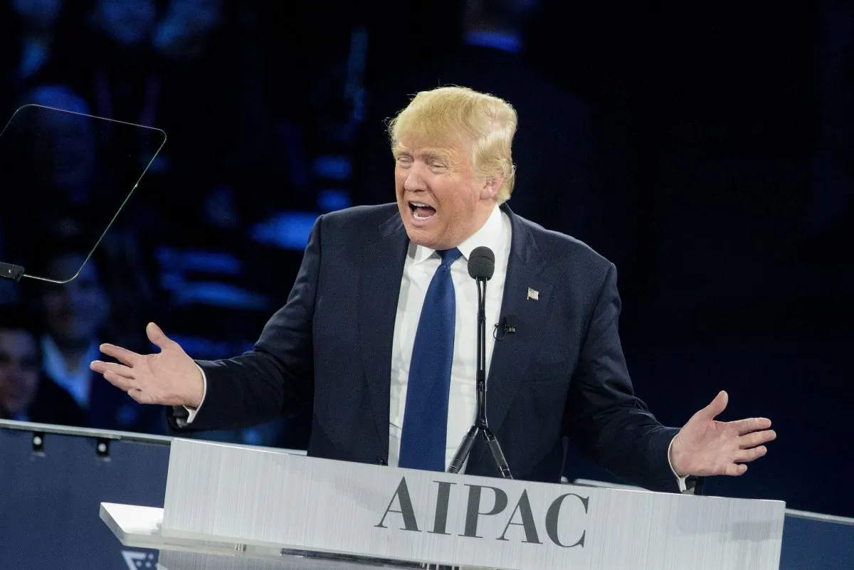 Republican US presidential hopeful Donald Trump addresses the 2016 American Israel Public Affairs Committee policy conference at the Verizon Center March 21, 2016 in Washington, DC. (BRENDAN SMIALOWSKI/AFP/Getty Images)