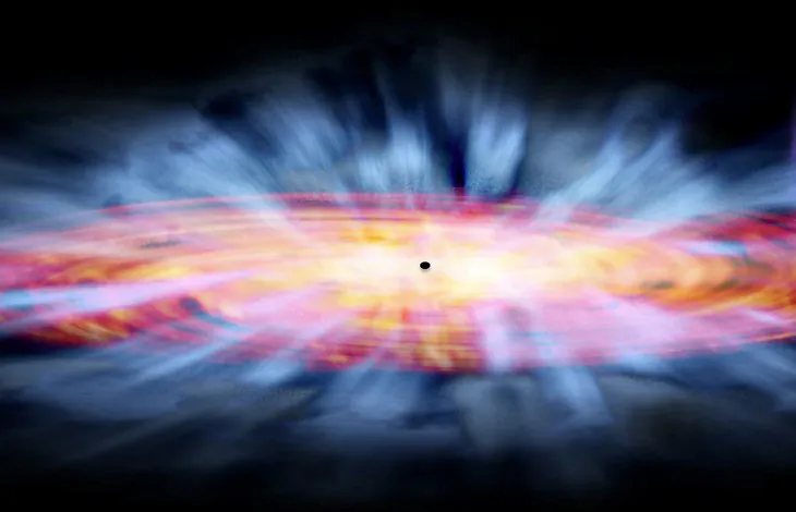 Above, artist's impression of a high-velocity wind (white) being launched from the surface of an accretion disk (red/yellow) around a supermassive black hole (black central dot). To set the scale, the black hole's size in this image is comparable to that of the inner solar system. (NASA/CXC and Nahks Tr'Ehnl)