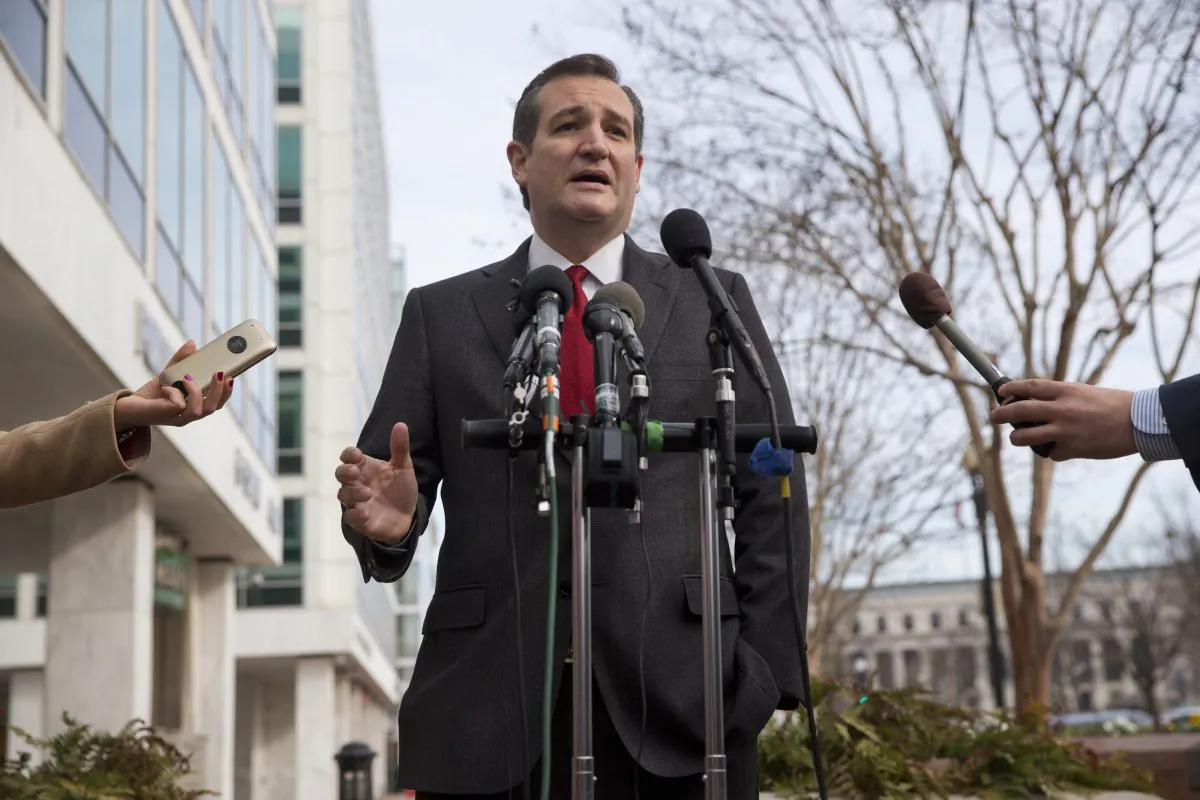 Republican presidential candidate, Sen. Ted Cruz, R-Texas speaks to the media about events in Brussels, Tuesday, March 22, 2016, near the Capitol in Washington. Cruz said he would use the "full force and fury" of the U.S. military to defeat the Islamic State group. (AP Photo/Jacquelyn Martin)