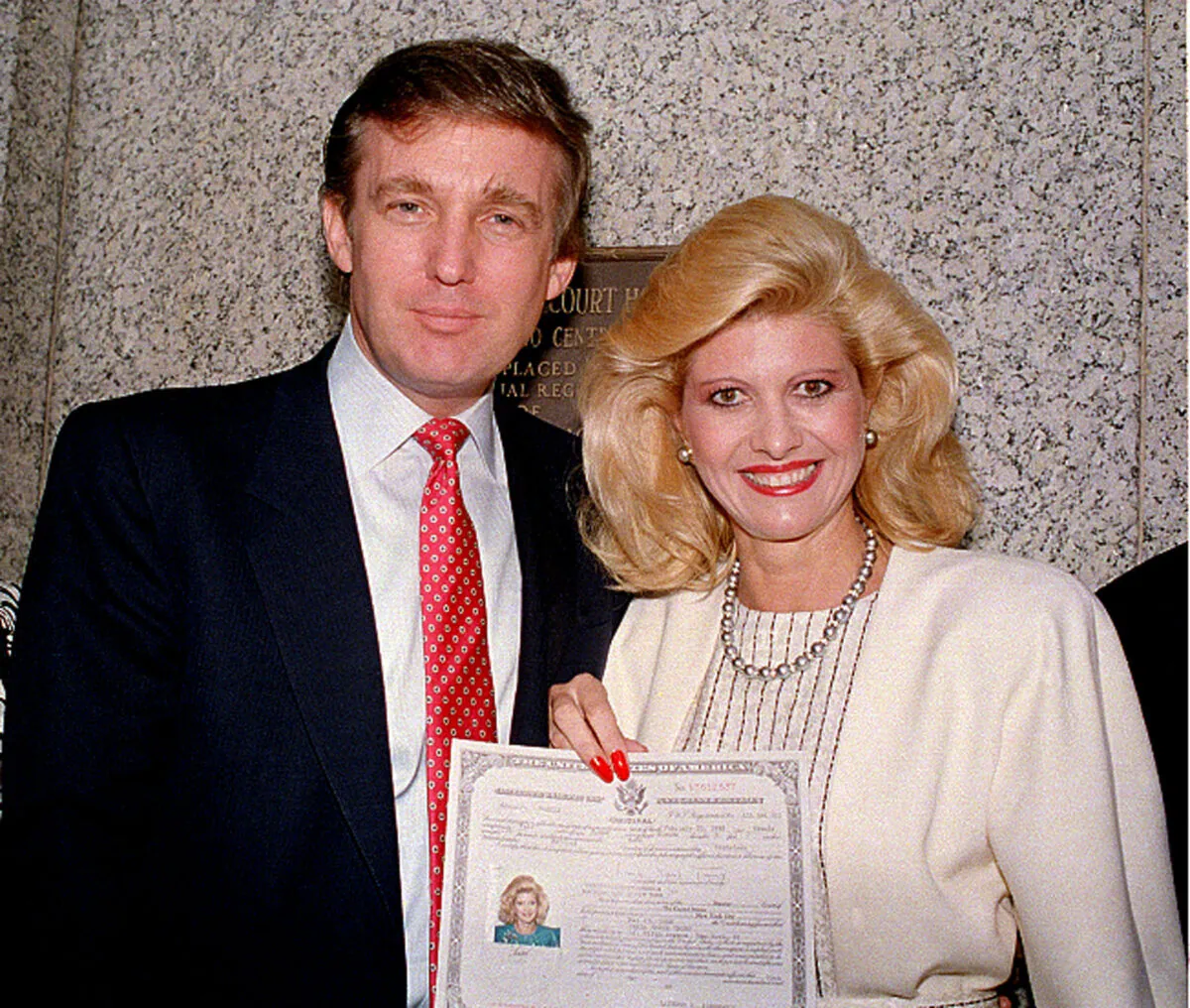 Donald Trump and his wife, Ivana, pose outside the Federal Courthouse after she was sworn in as a United States citizen, May 1988. (AP Photo)