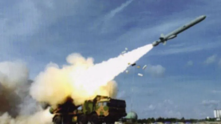 A long-range anti-ship missile is shown being fired, allegedly on Woody Island in the South China Sea. The image appeared in a blog post on China's Weibo, and could show a new development of the Chinese regime's weaponization of the disputed islands. (Weibo, via IHS Jane's)