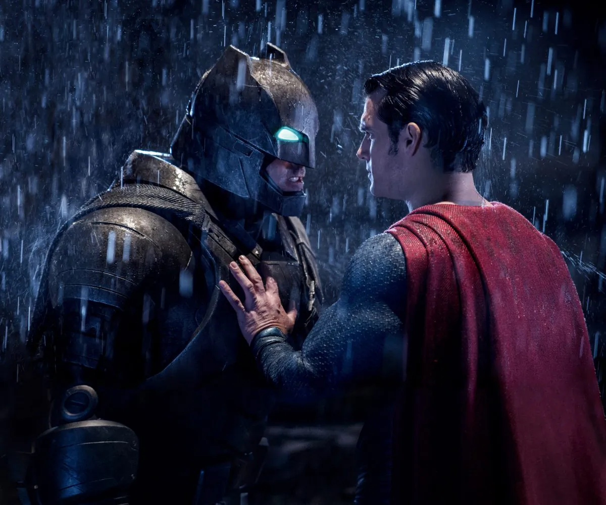 This image released by Warner Bros. Entertainment shows Ben Affleck as Batman (L) and Henry Cavill as Superman in a scene from, "Batman V. Superman: Dawn Of Justice." (Clay Enos/Warner Bros. Entertainment via AP)
