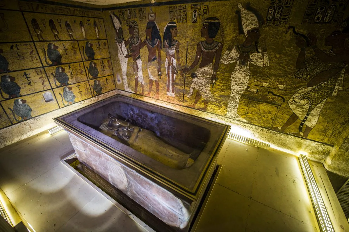 The golden sarcophagus of King Tutankhamun in his burial chamber in the Valley of the Kings, close to Luxor, 310 miles south of Cairo, Egypt, on Nov. 28, 2015. Scans in King Tutankhamun's tomb in Egypt's Valley of the Kings point to a hidden chamber, possibly heralding the discovery of Queen Nefertiti's resting place. (Khaled Desouki/AFP/Getty Images)