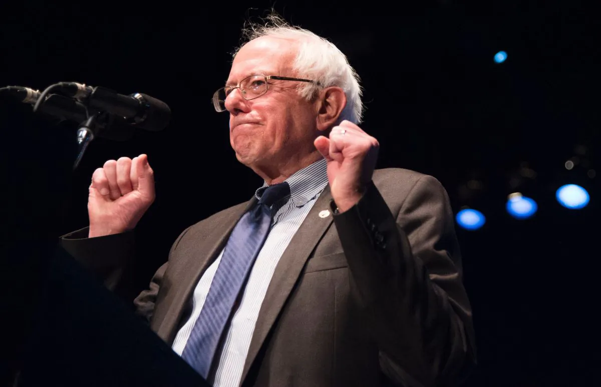 Democratic presidential candidate Bernie Sanders gestures while speaking at a campaign rally, March 23, 2016 at the Wiltern Theater in Los Angeles, California. (ROBYN BECK/AFP/Getty Images)
